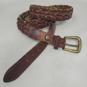 Sebago Belt 32 Brown Leather Woven Brass Buckle Rustic Weathered Antiqued Boho